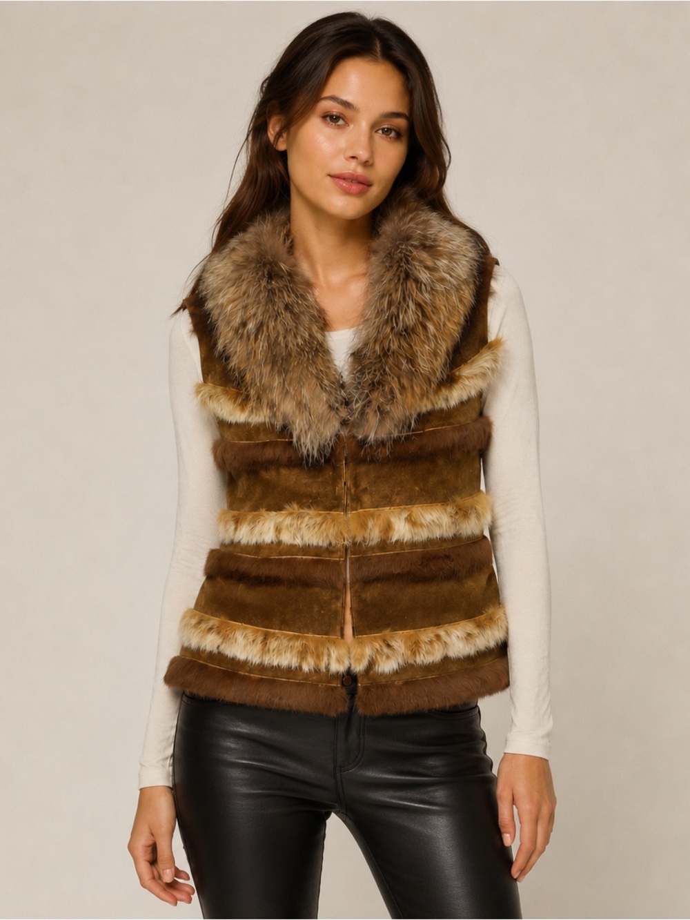CACHE Suede Leather Fur Vest Shearling Collar  Brown Jacket Y2k Vintage Fox 0 XS